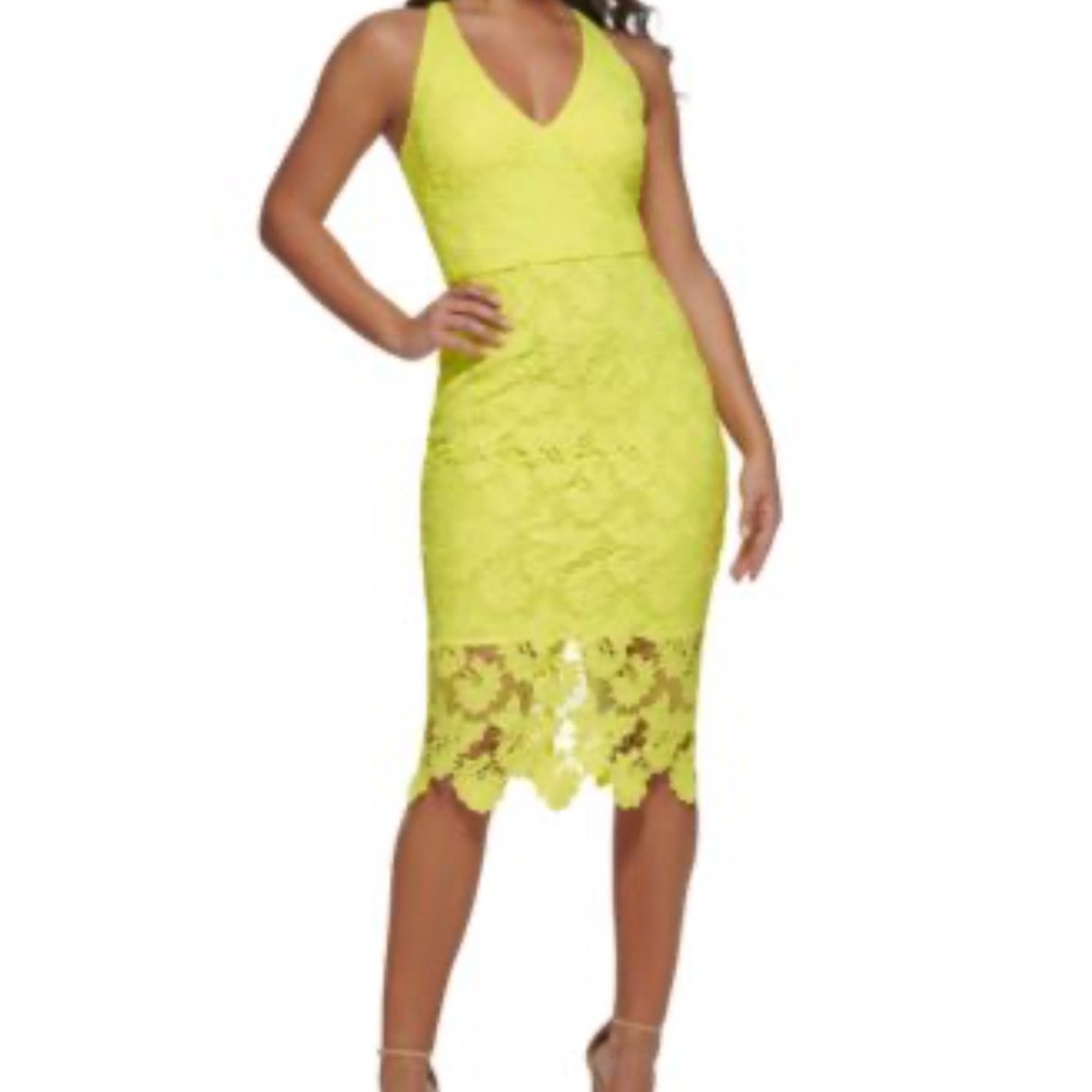 Guess by Marciano Women's Lace Cage-Back Sleeveless Yellow V-Neck Bodycon Dress